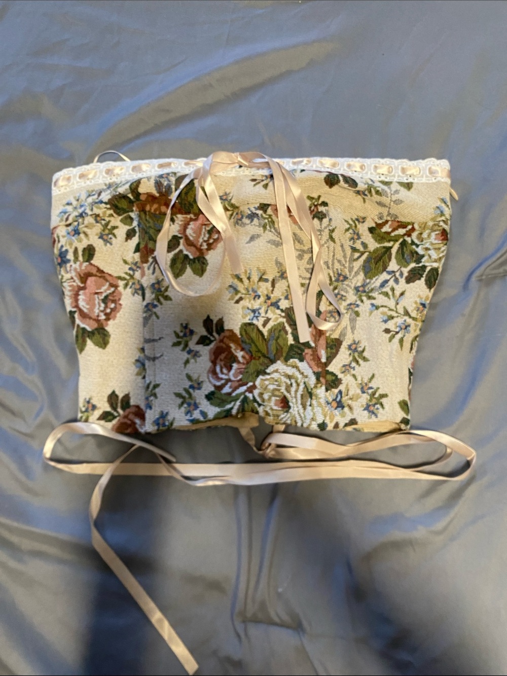 Floral Tapestry Strapless Corset Bag in Beige with Ribbon Ties